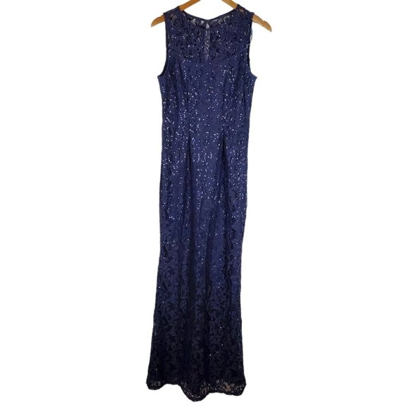 NEW MARINA Sequin Lace Gown Dress Sz 6 Navy Blue Sleeveless Sheath Keyhole Back - Picture 2 of 16